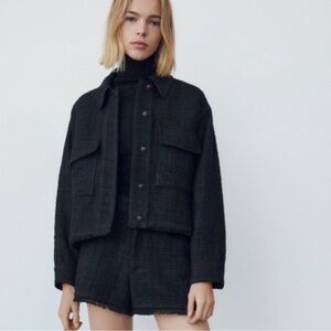 Zara oversized cropped fringe tweed texture jacket Women's Black